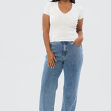 V Neck Short Sleeve Knit Top - White