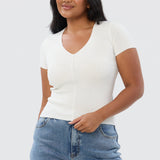 V Neck Short Sleeve Knit Top - White