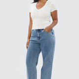 V Neck Short Sleeve Knit Top - White