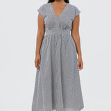 Gathered V Neck Midi Dress - Black/White Gingham