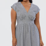 Gathered V Neck Midi Dress - Black/White Gingham