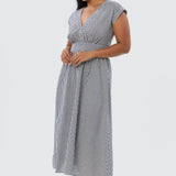 Gathered V Neck Midi Dress - Black/White Gingham