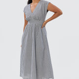 Gathered V Neck Midi Dress - Black/White Gingham