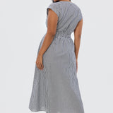 Gathered V Neck Midi Dress - Black/White Gingham