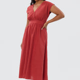 Gathered V Neck Midi Dress - Rust Red