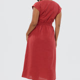 Gathered V Neck Midi Dress - Rust Red