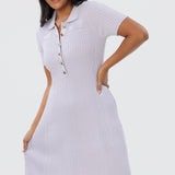 Half Placket Short Sleeve Knit Dress - Lilac