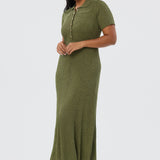 Half Placket Short Sleeve Knit Dress - Khaki Marl