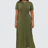 Half Placket Short Sleeve Knit Dress - Khaki Marl