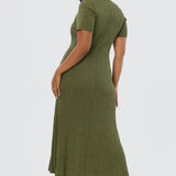 Half Placket Short Sleeve Knit Dress - Khaki Marl