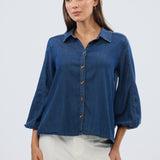 Balloon Sleeve Tie Shirt - Blue
