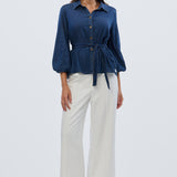Balloon Sleeve Tie Shirt - Blue