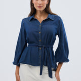 Balloon Sleeve Tie Shirt - Blue