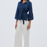 Balloon Sleeve Tie Shirt - Blue