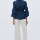 Balloon Sleeve Tie Shirt - Blue