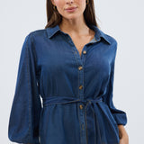 Balloon Sleeve Tie Shirt - Blue