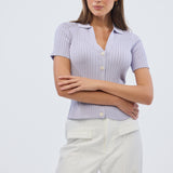 Short Sleeve Button Knit Top - Lilac
