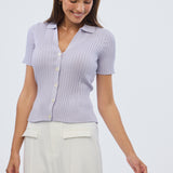 Short Sleeve Button Knit Top - Lilac