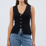 V Neck Knit Vest - Black
