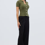 Short Sleeve Button Knit Top - Khaki Marl