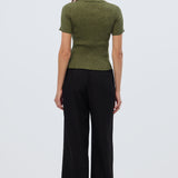 Short Sleeve Button Knit Top - Khaki Marl