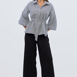 Balloon Sleeve Tie Shirt - Black/White Gingham