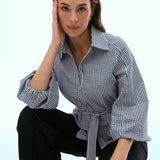 Balloon Sleeve Tie Shirt - Black/White Gingham