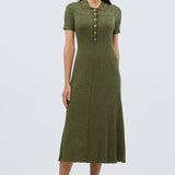 Half Placket Short Sleeve Knit Dress - Khaki Marl
