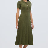 Half Placket Short Sleeve Knit Dress - Khaki Marl