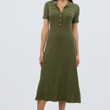 Half Placket Short Sleeve Knit Dress - Khaki Marl