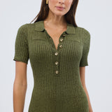 Half Placket Short Sleeve Knit Dress - Khaki Marl