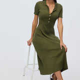Half Placket Short Sleeve Knit Dress - Khaki Marl