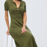 Half Placket Short Sleeve Knit Dress - Khaki Marl