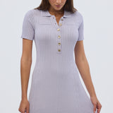 Half Placket Short Sleeve Knit Dress - Lilac