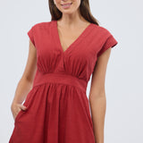 Gathered V Neck Midi Dress - Rust Red