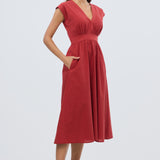 Gathered V Neck Midi Dress - Rust Red