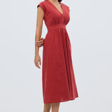 Gathered V Neck Midi Dress - Rust Red
