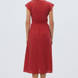 Gathered V Neck Midi Dress - Rust Red