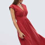 Gathered V Neck Midi Dress - Rust Red