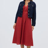 Gathered V Neck Midi Dress - Rust Red