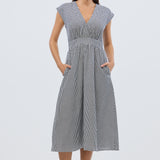 Gathered V Neck Midi Dress - Black/White Gingham