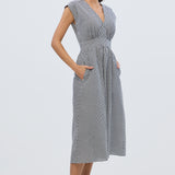 Gathered V Neck Midi Dress - Black/White Gingham