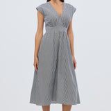 Gathered V Neck Midi Dress - Black/White Gingham