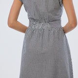 Gathered V Neck Midi Dress - Black/White Gingham