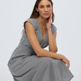 Gathered V Neck Midi Dress - Black/White Gingham
