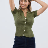 Short Sleeve Button Knit Top - Khaki Marl
