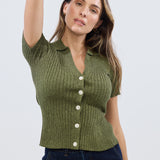 Short Sleeve Button Knit Top - Khaki Marl