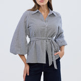 Balloon Sleeve Tie Shirt - Black/White Gingham