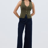 V Neck Knit Vest - Khaki