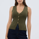 V Neck Knit Vest - Khaki